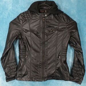 Yibailian Women's Black Faux Leather Jacket w/ Removable Hoodie, Size Medium